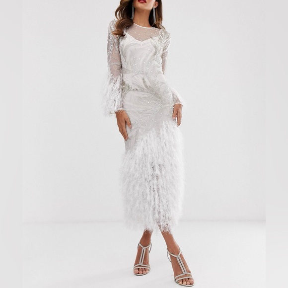 ASOS Dresses & Skirts - ASOS Elegant Silver Beaded White Feathered Women's Dress